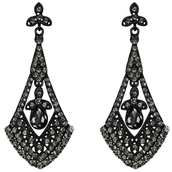 Carbon Black with Charcoal Gray Crystal Art Deco Rhombus Chandelier Earrings - Picture 1 of 4